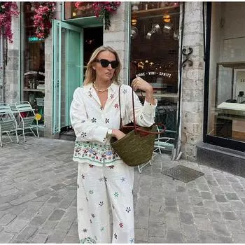 Вышитый льняной брючный костюм женский свободный лацкан длинные брюки рубашки костюмы женские летние однобортные комплекты леди XS