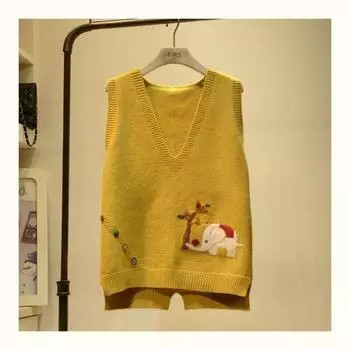 Вышитый мультяшный слон женский вязаный жилет в стиле ретро вязаный пуловер свободный повседневный однотонный тонкий свитер в стиле Харадзюку вязаная базовая рубашка осень S жёлтый