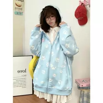 Вышитый принт лапа молния вверх капюшон толстовки женские осенние толстовки карманы осень студенческие повседневные кавайные милые верхняя одежда наряд пальто S синий