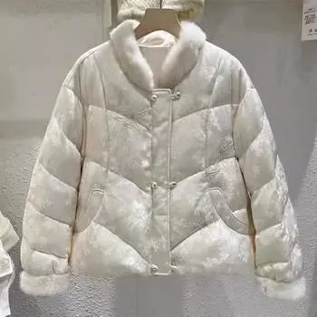 Вышитый пуховик для женщин, зимняя новая модная ретро жаккардовая белая теплая куртка на утином пуху M(80-120)