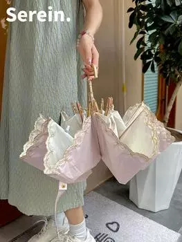 Вышитый солнцезащитный зонт для защиты от солнца. Защита от ультрафиолета подходит как для солнечных дождливых женщин. Легкий однотонный складной зонт от солнца.