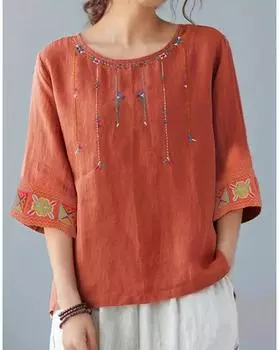 Вышитый топ больших размеров, повседневный топ с круглым вырезом и рукавом три четверти, женская одежда больших размеров 1XL оранжевый