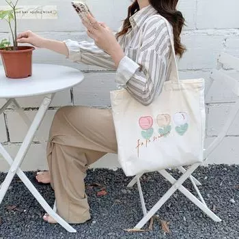 Вышитый тюльпан Большая вместительная сумка-тоут Холщовая сумка Студенческая сумка для покупок Женская повседневная сумка через плечо