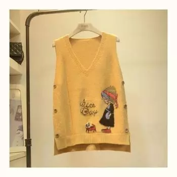 Вышитый вязаный жилет с рисунком маленькой девочки из мультфильма, женский пуловер с V-образным вырезом, свободный свитер без рукавов, повседневный, милый, в стиле преппи, осень S жёлтый