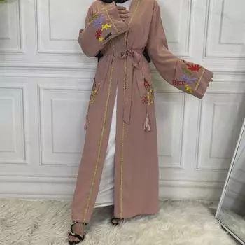 Вышитый женский кардиган-халат на шнуровке - мусульманская мода Ближнего Востока, вдохновленная Дубаем Medium абрикосовый