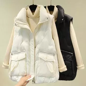 Вышитый жилет для женщин, новая осенняя толстая теплая парка без рукавов на молнии, зимнее женское холодное пальто в корейском стиле L чёрный