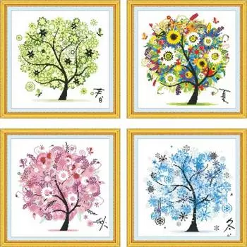 Вышивка крестиком Весна Лето Осень Зима для начинающих - Набор для вышивки своими руками с узорчатой тканью, нитками и иглами - Всесезонное рукоделие Spring