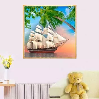Вышивка крестом DIY Алмазная вышивка Яхта и кокосовая пальма Полная круглая алмазная живопись Домашний декор 30x30CM