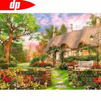 Вышивка крестом Пейзаж со стразами Алмазная картина Дом Полный круглый Алмазная вышивка 20X30CM