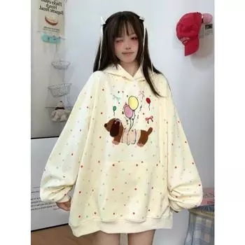 Вышивка стежком бант собака точка свободные женские толстовки с капюшоном толстовки y2k женская одежда осень зима 2000-е каваи S абрикосовый
