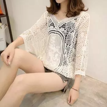 Вышивка/Вышивка, трикотажная ажурная рубашка, летнее платье, новая женская одежда, корейская версия, V-образный вырез, цепочка, короткий рукав, блузка, трикотажный свитер, модный One size белый