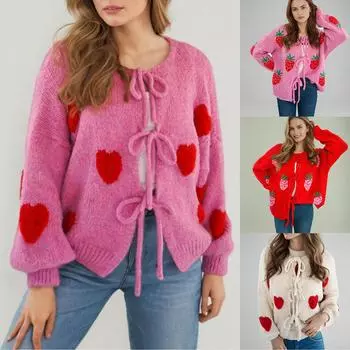 Вышивка в виде сердца с круглым вырезом и зимний свитер, повязка на кардиган, вязаный кардиган, куртка для женщин L