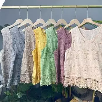 Вышивка, вышивка, хлопковый вышитый жилет, женский свитер с круглым вырезом, ажурная трикотажная кружевная безрукавка, однотонная футболка One size