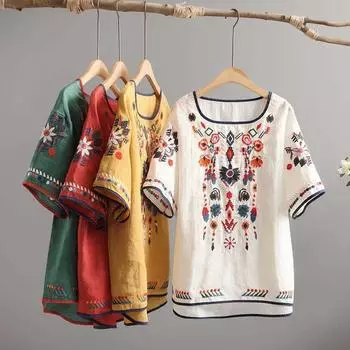 Вышивка Женские Классические Свободные Рубашки Повседневные Винтажные О-образным Вырезом Короткий Рукав Летняя Блузка XXXXL белый