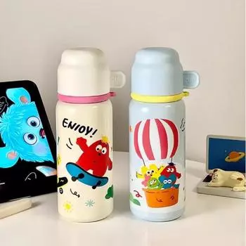Высокая мультяшная чашка для воды из нержавеющей стали, симпатичная детская термокружка с одной крышкой и трубочкой для студентов мужского и женского пола 550ml