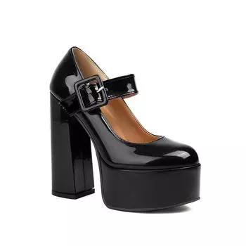 Высокая платформа Ультравысокий толстый каблук Глянцевая лакированная кожа Квадратная пряжка Женские туфли на высоком каблуке Дышащие неглубокие туфли-лодочки 34 чёрный