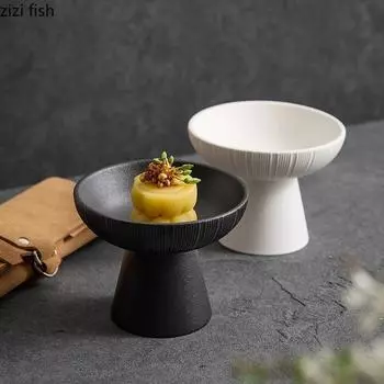 Высокая полосатая миска с высокой ножкой, однотонная керамическая миска для десерта, миска для закусок, миски для закусок, специальная посуда для молекулярной кухни
