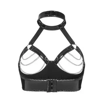 Высокая яркость ПВХ кожа сексуальный висячая шея и открытая грудь сексуальный бюстгальтер без запаха L