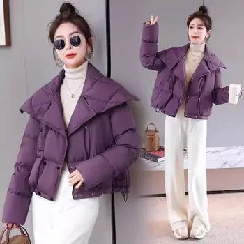 Высокая роскошь большой лацкан маленький короткий пуховик женский 2024 зима дизайн чувственный графен теплый белый утиный пуховый хлеб куртка M хаки