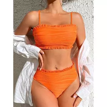 Высокая талия бикини женский купальник женский купальник купальный костюм женский мягкий пуш-ап рюшированный купальник женский комплект бикини S оранжевый