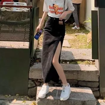 Высокая талия разрез сбоку женская летняя черная тонкая секция средней длины пакет бедра А-силуэта юбка универсальная удобная модная джинсовая юбка-бюстье S светло-синий