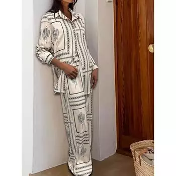 Высокая талия Широкие штаны Рубашки с принтом Комплект из двух предметов Женский брючный костюм Рубашки с длинным рукавом и лацканами Большие размеры XXXXXL белый