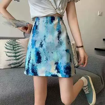 Высокая талия Тонкая Пакет Бедра Короткая Юбка, Женская Летняя Новая Чернильная Tie-Dye Сотня Короткая Юбка Полуюбка S 80~95