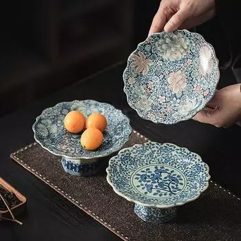 Высокая тарелка для димсамов в печи Ru Kiln Celadon, чайная тарелка, винтажная керамическая тарелка для фруктов, блюдо для послеобеденного чая и выпечки