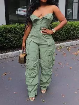Высокая уличная мода, сексуальные комбинезоны с открытыми плечами, женские брюки-карго без бретелек на пуговицах Y2k, женские корейские карманы, дизайн, повседневный комбинезон 2024 S армия зеленый