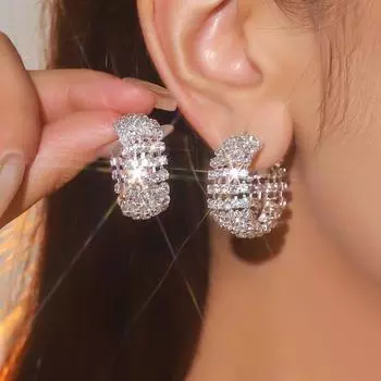 Высокая версия роскошных и блестящих С-образных сережек для женщин Простые и универсальные серьги-гвоздики с бриллиантами