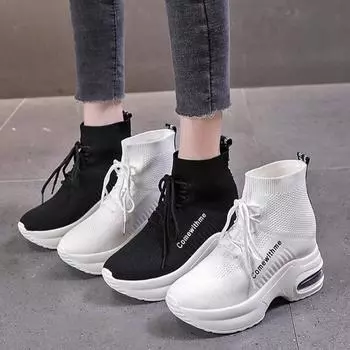 Высокие эластичные носки, женская обувь, увеличивающая внутренний рост, повседневная обувь, спортивная белая обувь 35 белый