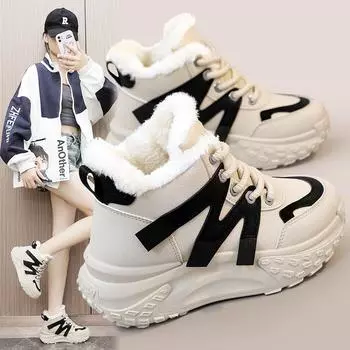 Высокие бархатные туфли, женская зимняя обувь, новинка 2023 года, теплая женская обувь, хлопковые туфли с строчкой, повседневные кроссовки на толстой подошве 35 хаки