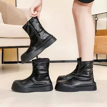 Высокие ботинки, новые универсальные, в гонконгском стиле, в британском стиле, с толстой подошвой, модные, с круглым носком, зимние женские бархатные короткие сапоги 36 чёрный