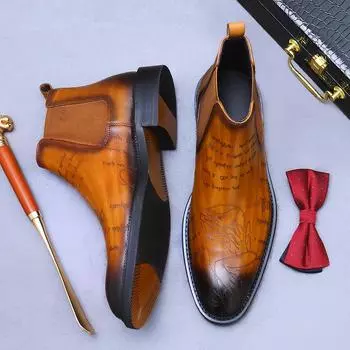 Высокие ботинки ручной работы из коровьей кожи с алфавитным принтом в деловом стиле, мужские кожаные ботинки «Челси», мужские ботинки в британском стиле 38 чёрный