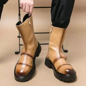 Высокие ботинки с круглым носком, мужские кожаные мотоциклетные ботинки, мужские рабочие ботинки, ботинки для верховой езды, зимние ботинки с толстой подошвой, ботинки Martin 38 чёрный