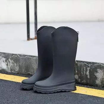 Высокие дождевые туфли женские новые однотонные нескользящие на толстой подошве водные туфли длинные резиновые сапоги модные водные сапоги терморезиновые туфли 36 чёрный