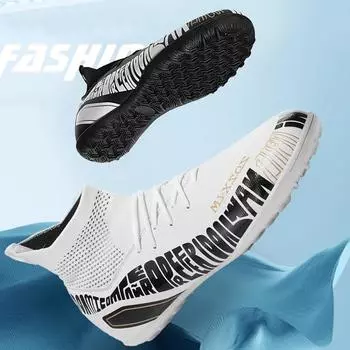 Высокие футбольные бутсы, высокие эластичные носки, мужские/женские футбольные тренировочные кроссовки с искусственным газоном и короткими ногтями для маленьких детей 31 белый