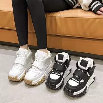 Высокие хлопковые туфли для папы, новые универсальные кожаные туфли на толстой подошве с внутренней стороны, бархатные повседневные спортивные маленькие белые туфли для женщин 34