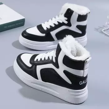 Высокие хлопковые туфли, осенние и зимние универсальные повседневные туфли на толстой подошве на плоской подошве, утепленная и бархатная теплая спортивная обувь 35 чёрный