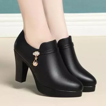 Высокие каблуки9 см новые кожаные туфли на среднем каблуке для женщин одиночные туфли на грубом каблуке повседневные черные туфли на толстой подошве из мягкой кожи для женщин 34