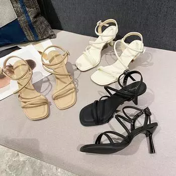 Высокие каблуки 2025 весна-лето сандалии с квадратным носком шпилька в римском стиле уличные тапочки женские 738-BR6 34 чёрный