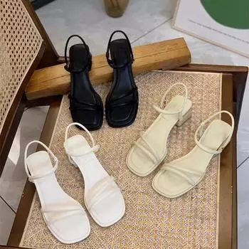 Высокие каблуки 4,5 см, новые летние босоножки на среднем каблуке с открытым носком и квадратной головкой, модные однотонные сандалии на среднем каблуке с поясом, женская обувь 36