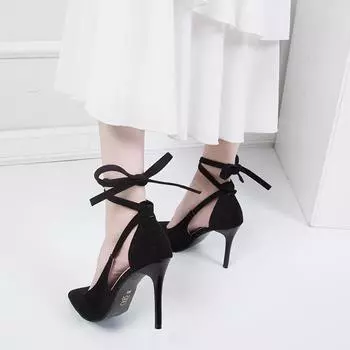 Высокие каблуки большого размера, черные ремешки, женские тонкие каблуки, острый носок с неглубоким горлышком, универсальные замшевые одиночные туфли, осень 37