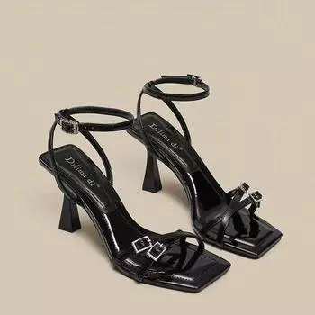 Высокие каблуки босоножки на высоком каблуке женские слово с французским 2024 весна лето осень квадратный каблук мода универсальный 35 чёрный