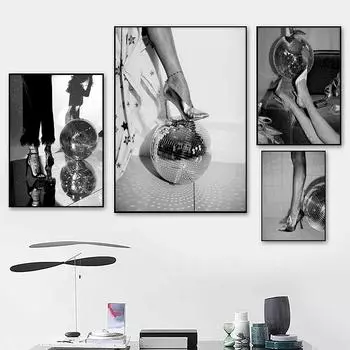 Высокие каблуки Диско-шар Печать Черно-белый модный постер Модные настенные художественные картины Вечеринка Девичья комната в общежитии Декор Холст Картина 21x30cm No Framed