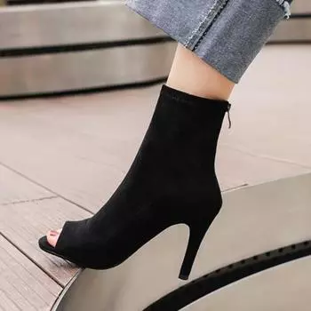 Высокие каблуки для джазовых танцев, матовые замшевые короткие сапоги с открытым носком, туфли с высоким берцем, пикантные туфли на высоком тонком каблуке для джазовых танцев 39