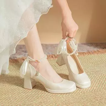 Высокие каблуки, Маленькие кожаные туфли, Женские белые свадебные туфли, Кожаные туфли, Ретро толстые каблуки, Толстая подошва, Увеличенная высота, Мэри Джейн 35