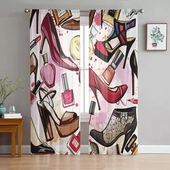 Высокие каблуки Ретро Духи Губная помада Косметика Лак для ногтей Тюль Прозрачные оконные шторы Гостиная Вуаль Шторы из органзы Портьеры W135 x H115cm x1