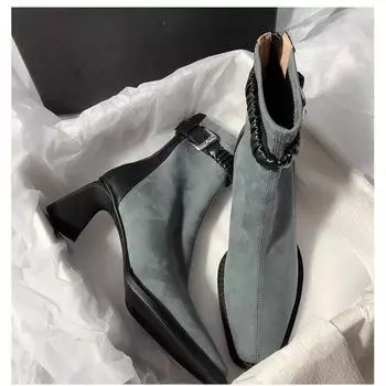 Высокие каблуки с квадратным носком женские ботильоны замшевые модные элегантные прогулочные туфли 2024 зимние брендовые туфли-лодочки платье челси Botas Mujer 35 чёрный