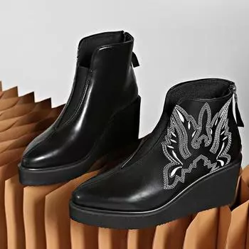 Высокие каблуки с острым носком женские ботильоны на танкетке модные элегантные кожаные туфли 2024 зимние брендовые туфли-лодочки платье Zapatillas женские 36 чёрный